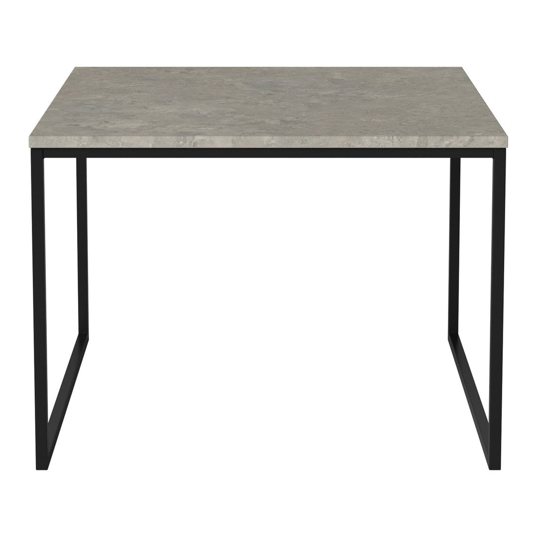 Gray textured tabletop on a sleek black metal frame, offering a modern minimalist style. Perfect for any space.