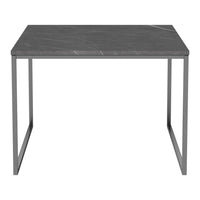 Gray marble tabletop with white veining and sleek metal legs; modern and minimalist design.