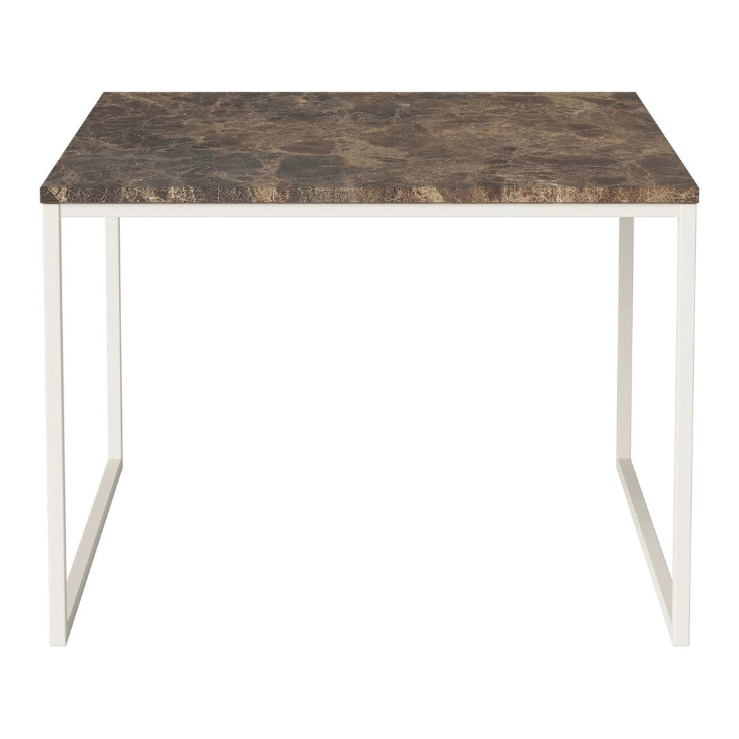 Rectangular table with a dark marble-patterned top and white metal legs. Modern design, perfect for any decor.