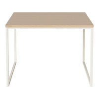 Minimalist natural wood tabletop with a sleek white metal frame, perfect for modern decor.