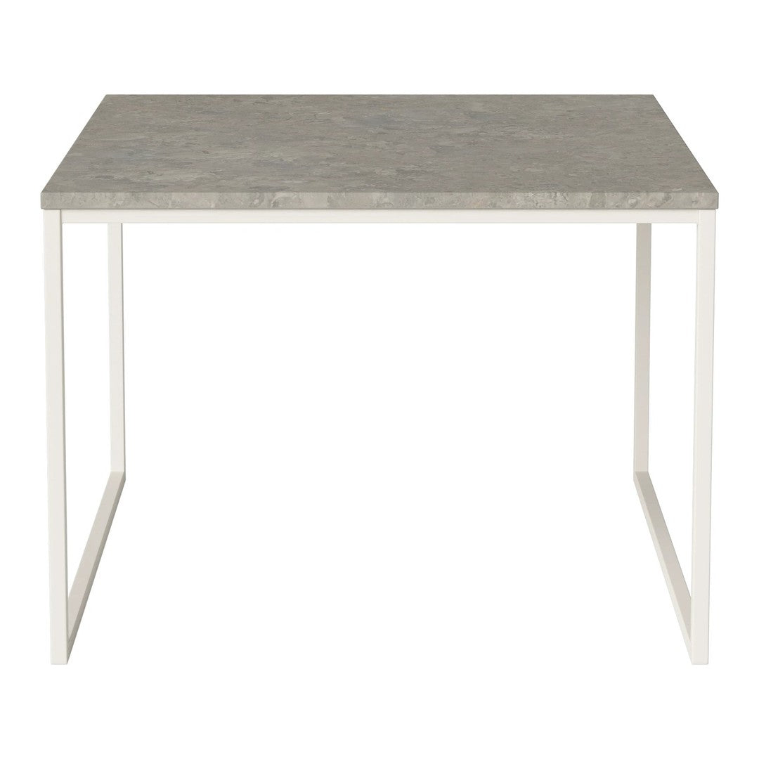 Gray marble tabletop with a sleek white metal frame. Perfect blend of modern elegance and minimalist design.