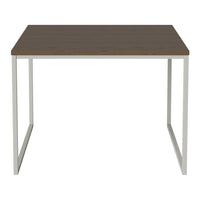 Brown wood tabletop with a smooth finish, paired with sleek white metal legs. Modern, minimalistic design.