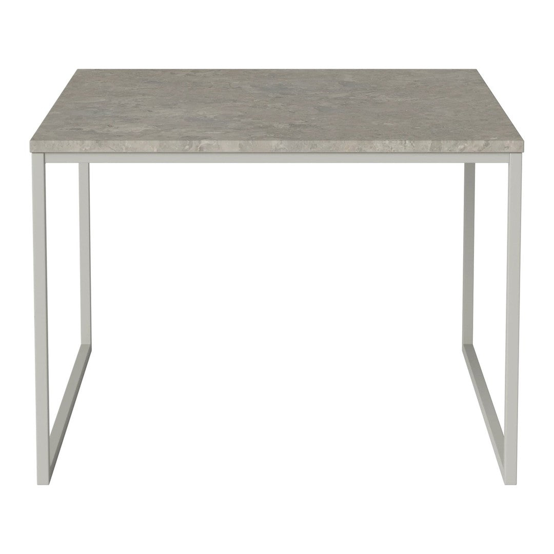 Gray marble tabletop with a simple white metal frame, minimalist design for modern decor.