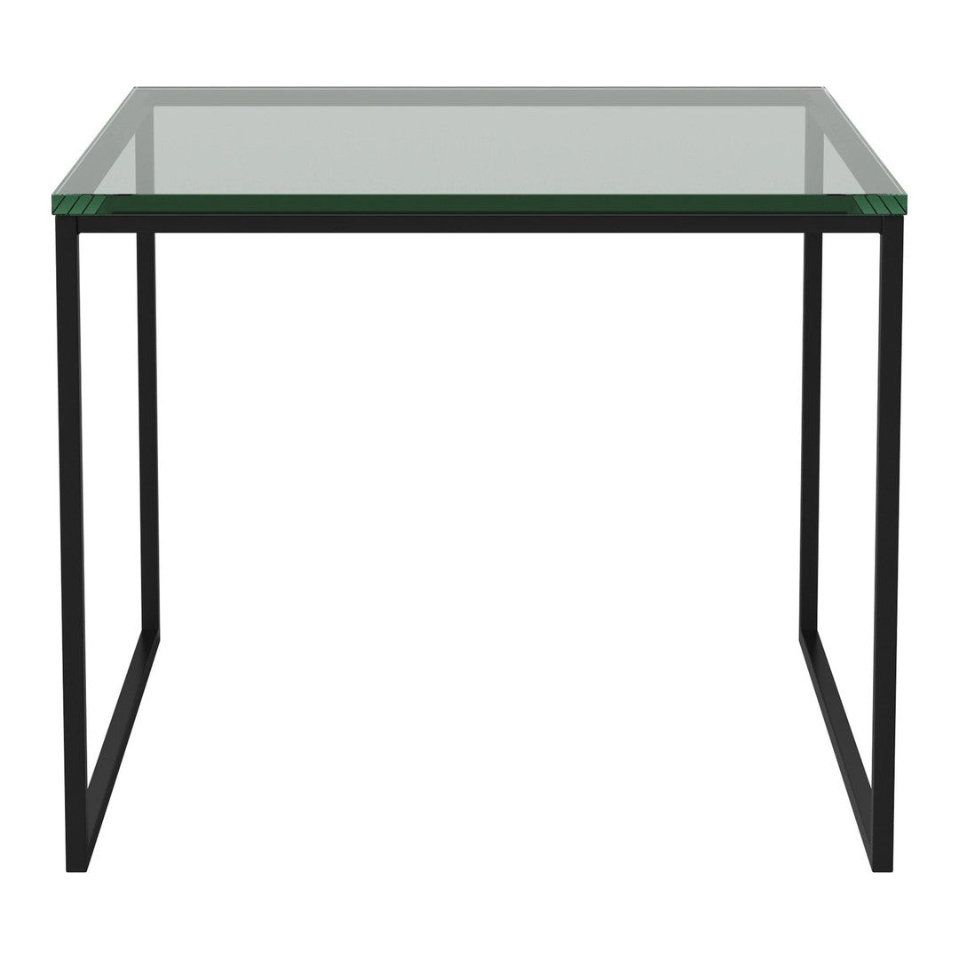 Clear glass tabletop on sleek black metal frame, modern design for versatile decor. Ideal for small spaces or minimalistic style.