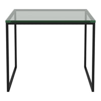 Clear glass tabletop on sleek black metal frame, modern design for versatile decor. Ideal for small spaces or minimalistic style.