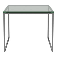Clear glass table with a sleek silver metal frame, showcasing a modern minimalist design.