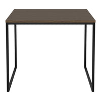 Square table with a rustic wood top and sleek black metal legs, perfect for modern decor.