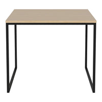 "Light wood tabletop with a smooth finish and black metal frame, showcasing a modern, minimalist style."