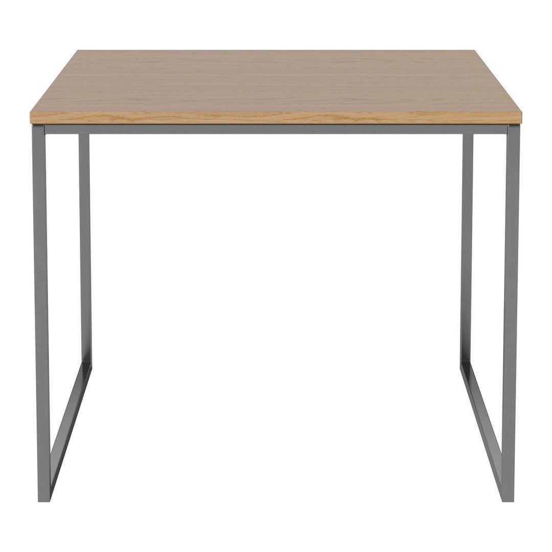 Light wood tabletop with a natural grain finish, paired with sleek gray metal legs for a minimalist look.