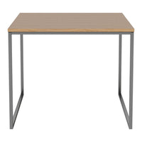 Light wood tabletop with a natural grain finish, paired with sleek gray metal legs for a minimalist look.