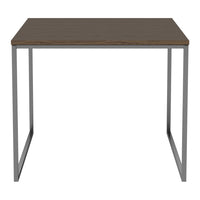 Modern brown wood tabletop with a sleek silver metal frame, perfect for minimalistic decor.
