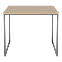 Light wood tabletop with a smooth finish, complemented by sleek gray metal legs. Minimalist design with clean lines.