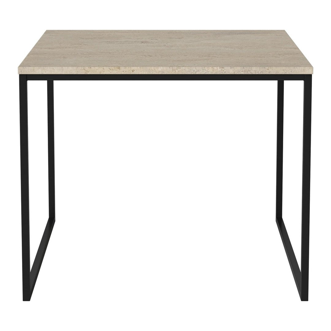 Beige textured tabletop with black metal frame. Modern minimalistic design for versatile decor.