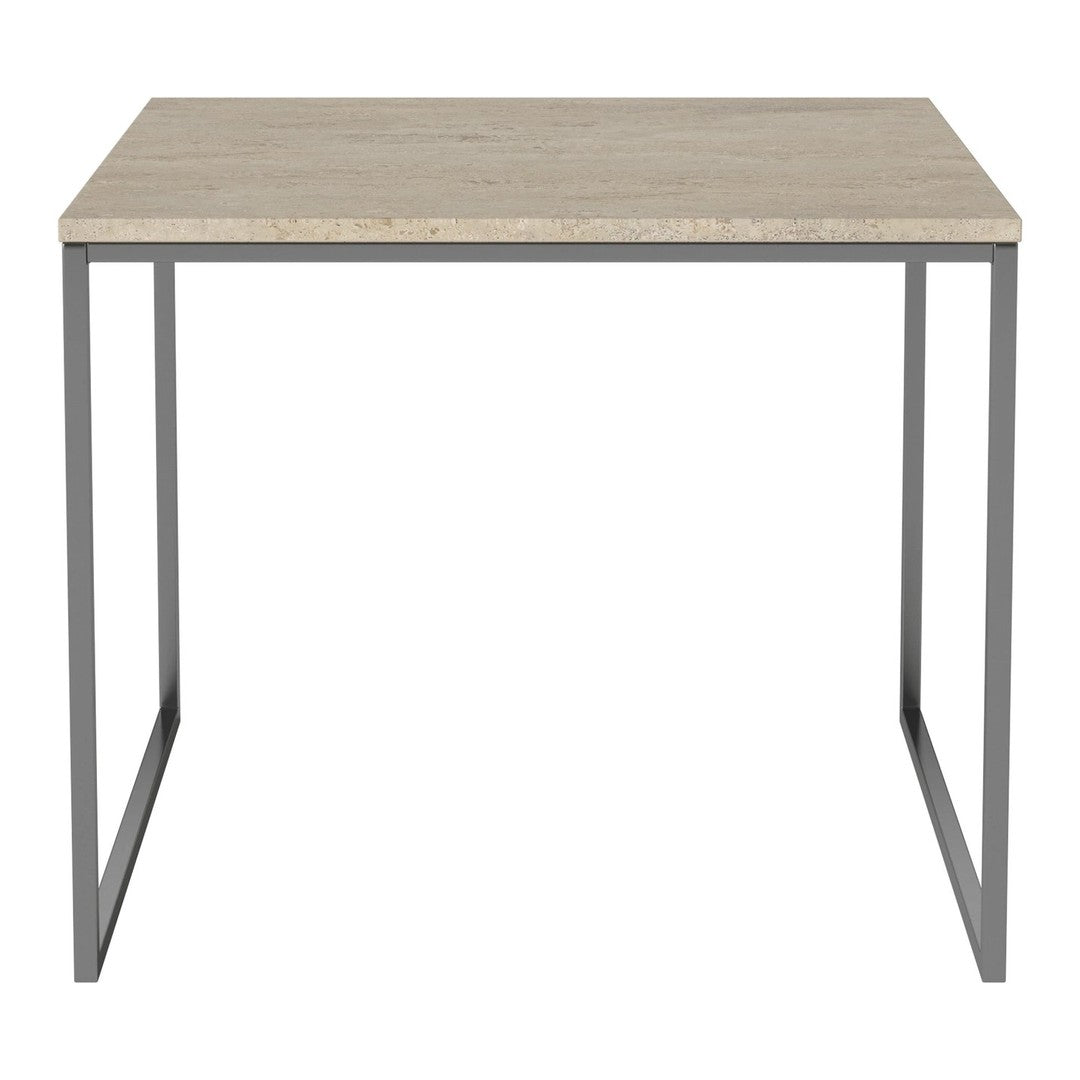 Light beige tabletop with subtle texture, supported by a sleek gray metal frame. Modern and minimalist design.
