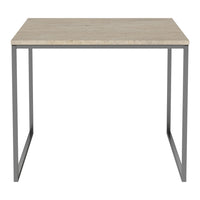 Light beige tabletop with subtle texture, supported by a sleek gray metal frame. Modern and minimalist design.