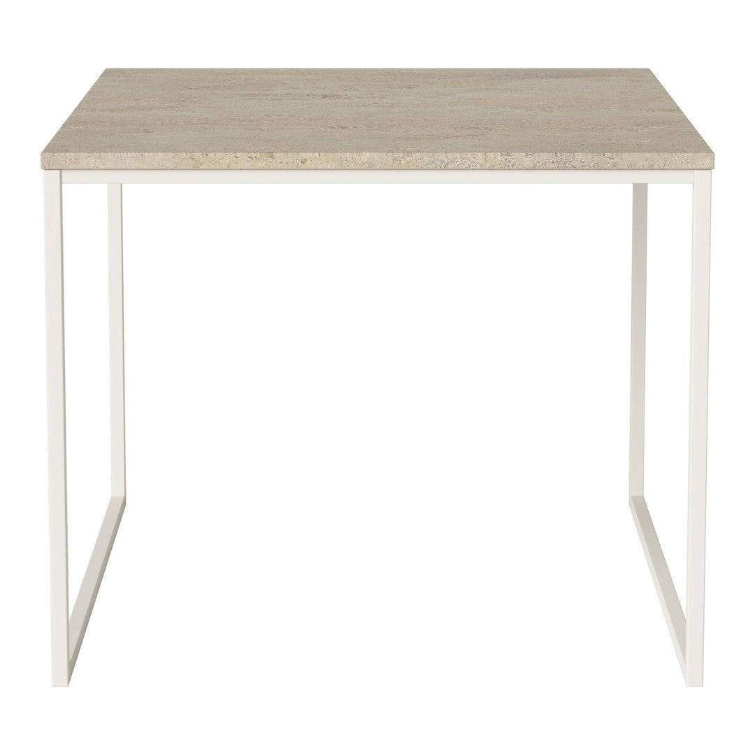 Light beige tabletop with a smooth finish, framed by white metal legs for a modern look.