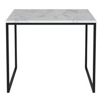 White marble tabletop with gray veining and a sleek black metal frame. Perfect for modern decor.