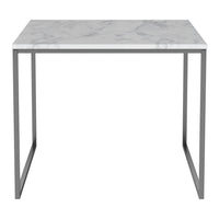 White marble tabletop with gray veining, set on a sleek silver metal frame. Modern and minimalist design.
