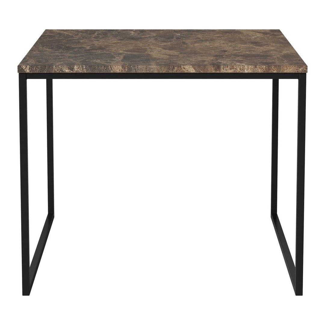 "Square table with a dark marble-finish top and sleek black metal legs, featuring an elegant, modern pattern."