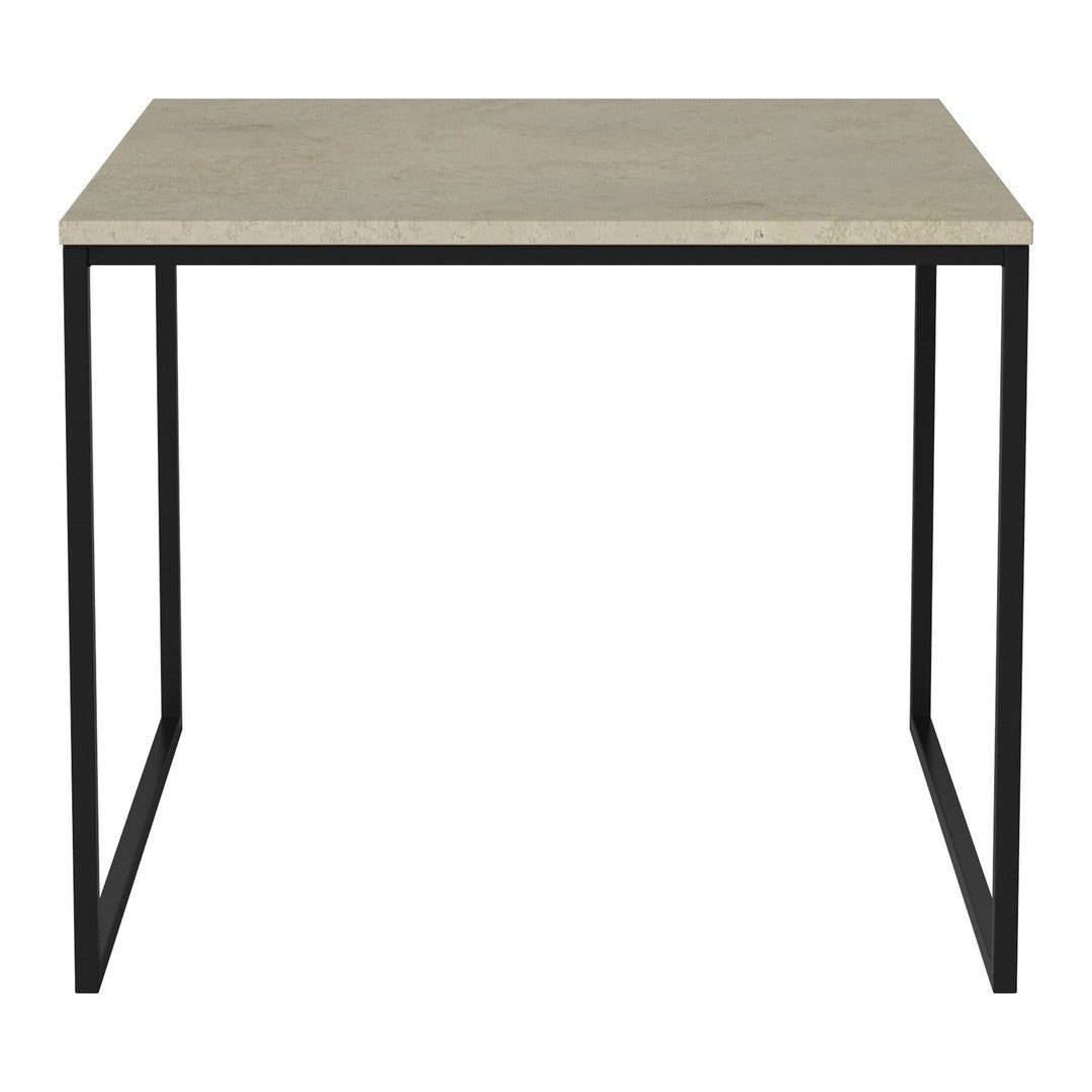 Gray concrete tabletop with black metal legs, featuring a minimalist design and sleek industrial style.
