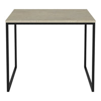 Gray concrete tabletop with black metal legs, featuring a minimalist design and sleek industrial style.