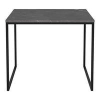 Black metal frame table with a sleek, gray marbled top. Modern design with minimalist patterns. Perfect for any decor.