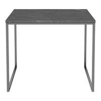 Gray marble tabletop with subtle white veining, supported by a sleek metal frame in a modern design.