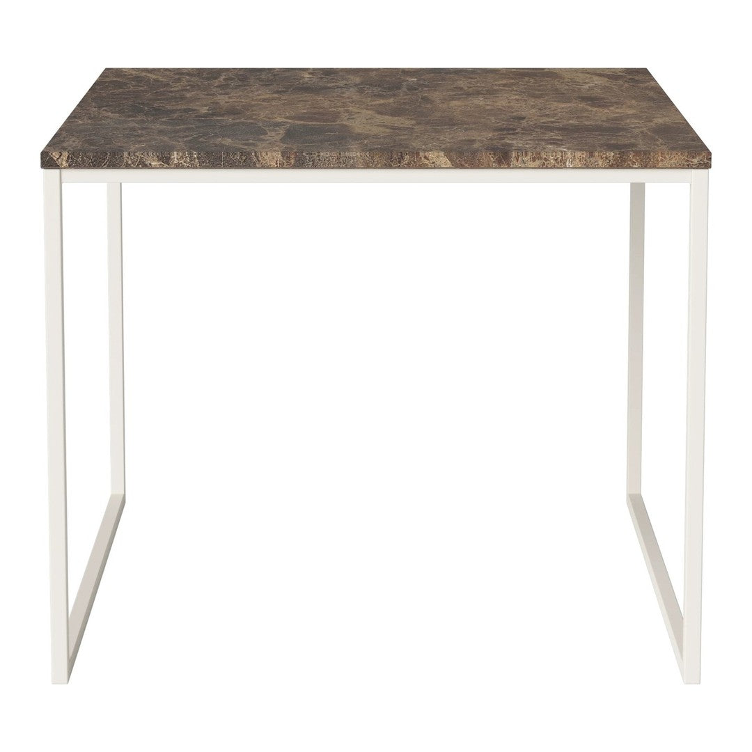 Gray and brown marbled tabletop on a white metal frame, minimalistic design. Perfect for modern decor.