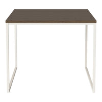 Brown wooden tabletop with a smooth finish, paired with white metal legs for a modern, minimalist look.
