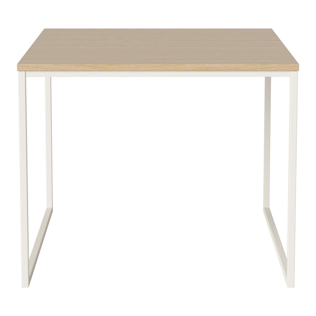 Beige tabletop with a smooth finish and sleek white metal frame, perfect for modern minimalist decor.