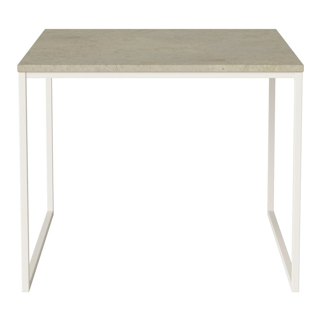 Light gray table top with a smooth finish, paired with a sleek white metal frame, minimalist design.