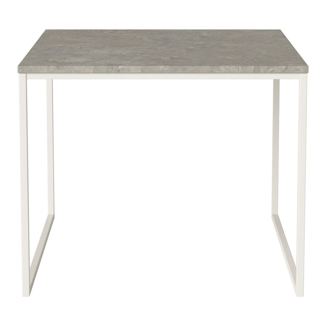 Gray concrete tabletop with white metal legs, featuring a modern minimalist design. Ideal for contemporary spaces.