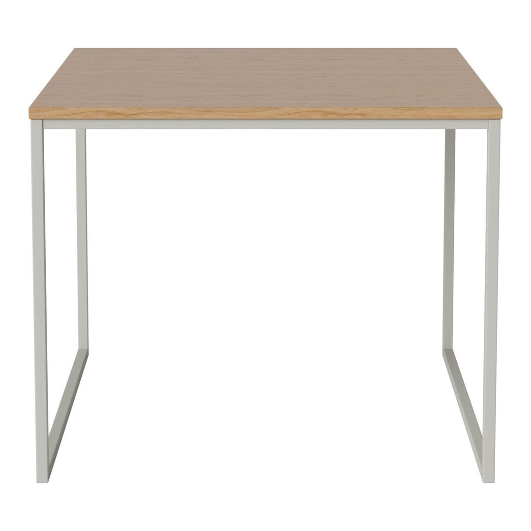 Natural wood tabletop with a light beige finish and sleek silver metal legs. Simple, modern design for any space.