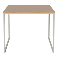 Natural wood tabletop with a light beige finish and sleek silver metal legs. Simple, modern design for any space.