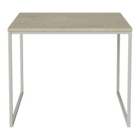 Light beige tabletop with a smooth finish, accented by a sleek silver metal frame. Minimalist design.