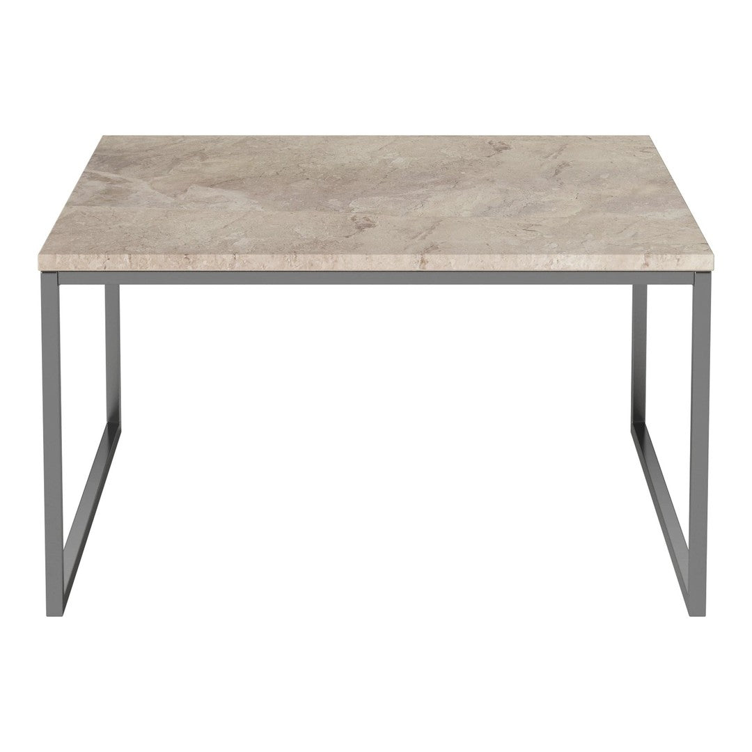 Gray marble tabletop with subtle veining, complemented by a sleek black metal frame. Perfect for modern decor.