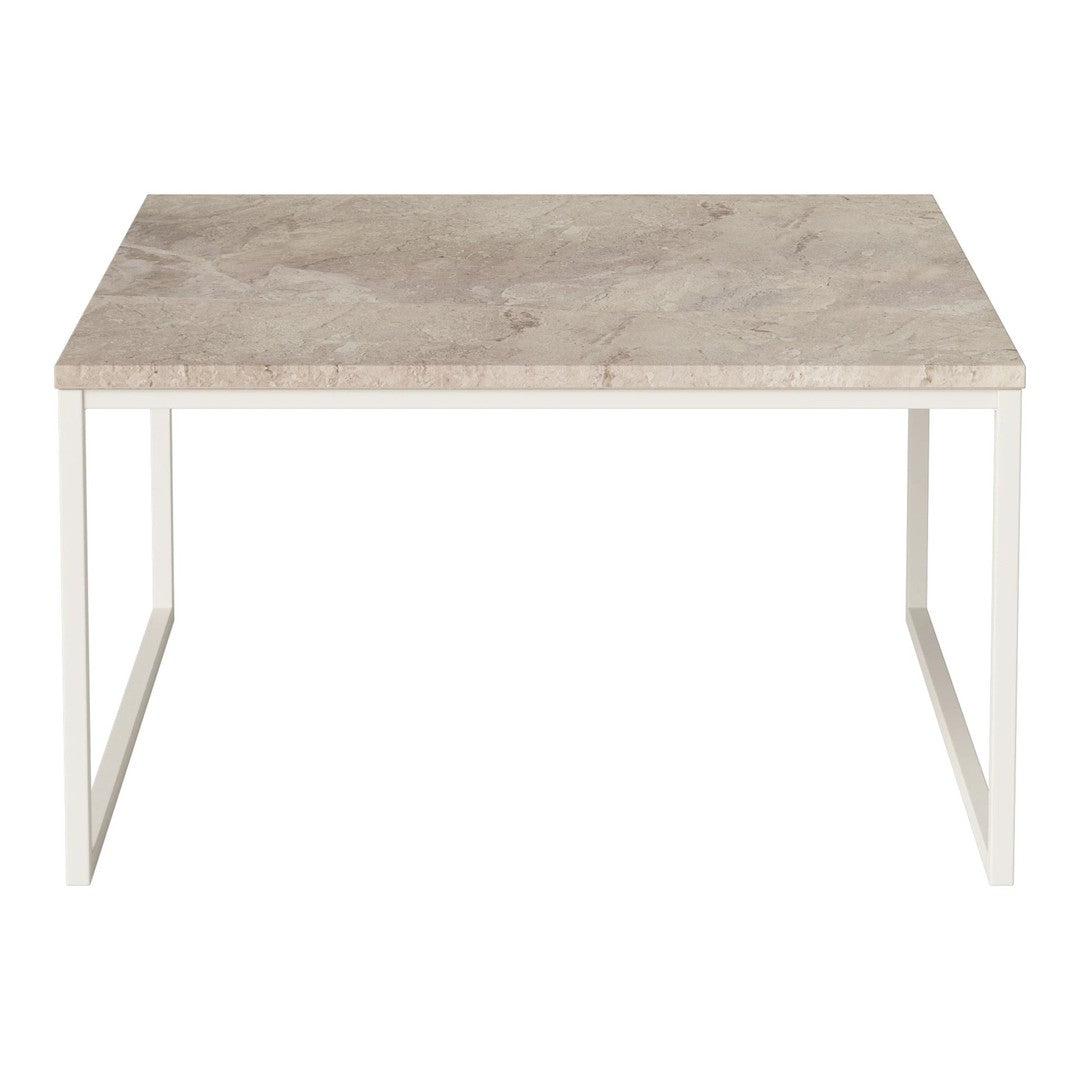 Square table with a light beige patterned surface and white metal legs, perfect for modern decor.