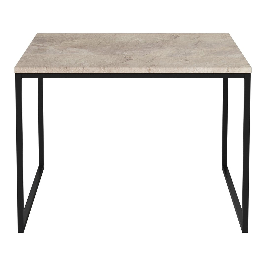 Light beige marble tabletop with subtle veining; sleek black metal legs create a modern contrast.