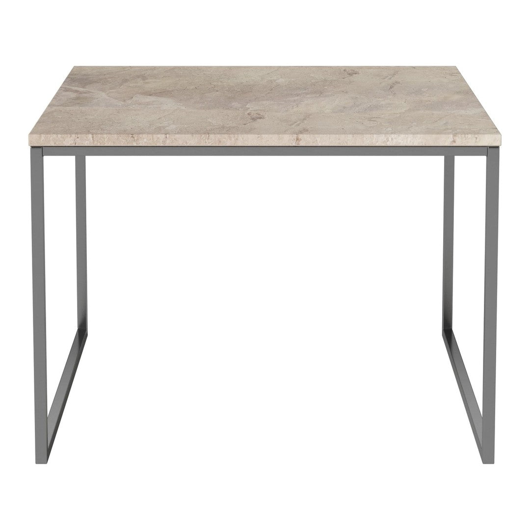 Light beige marble tabletop with subtle veining, paired with a sleek gray metal frame. Perfect for modern decor.