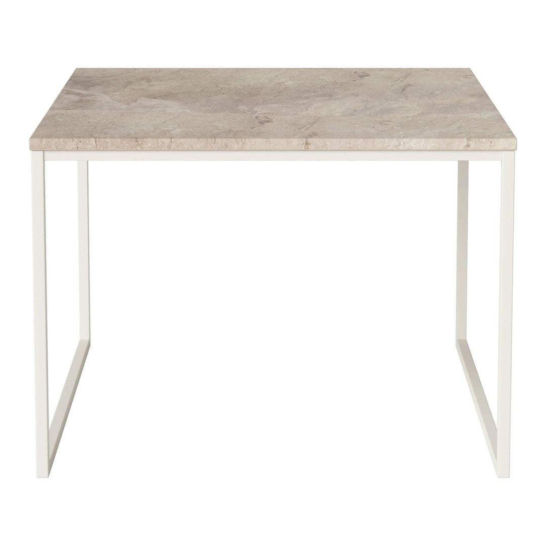 Light beige marble tabletop with subtle veining, paired with a sleek white metal frame. Perfect for modern decor.