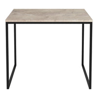 "Square tabletop in light beige with a textured finish and sleek black metal legs."