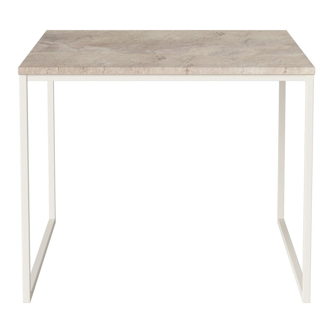Light beige marble top table with sleek white metal legs, featuring a minimalist design and smooth surface.