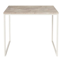 Light beige marble top table with sleek white metal legs, featuring a minimalist design and smooth surface.