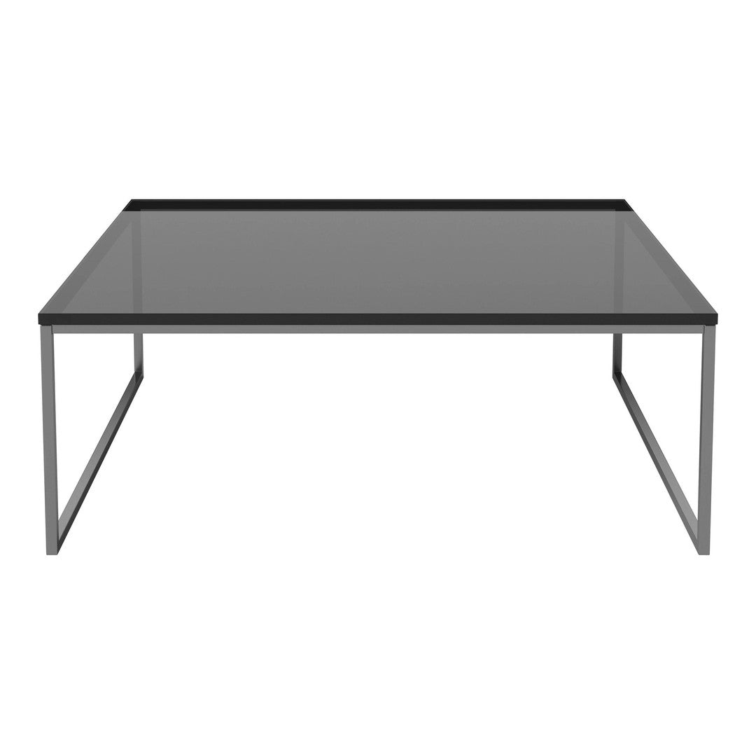 Modern square coffee table with a sleek black glass top and minimalist silver metal frame. Stylish and contemporary design.