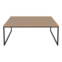 Square tabletop in light wood finish with a sleek black metal frame. Modern, minimalist design, perfect for any space.