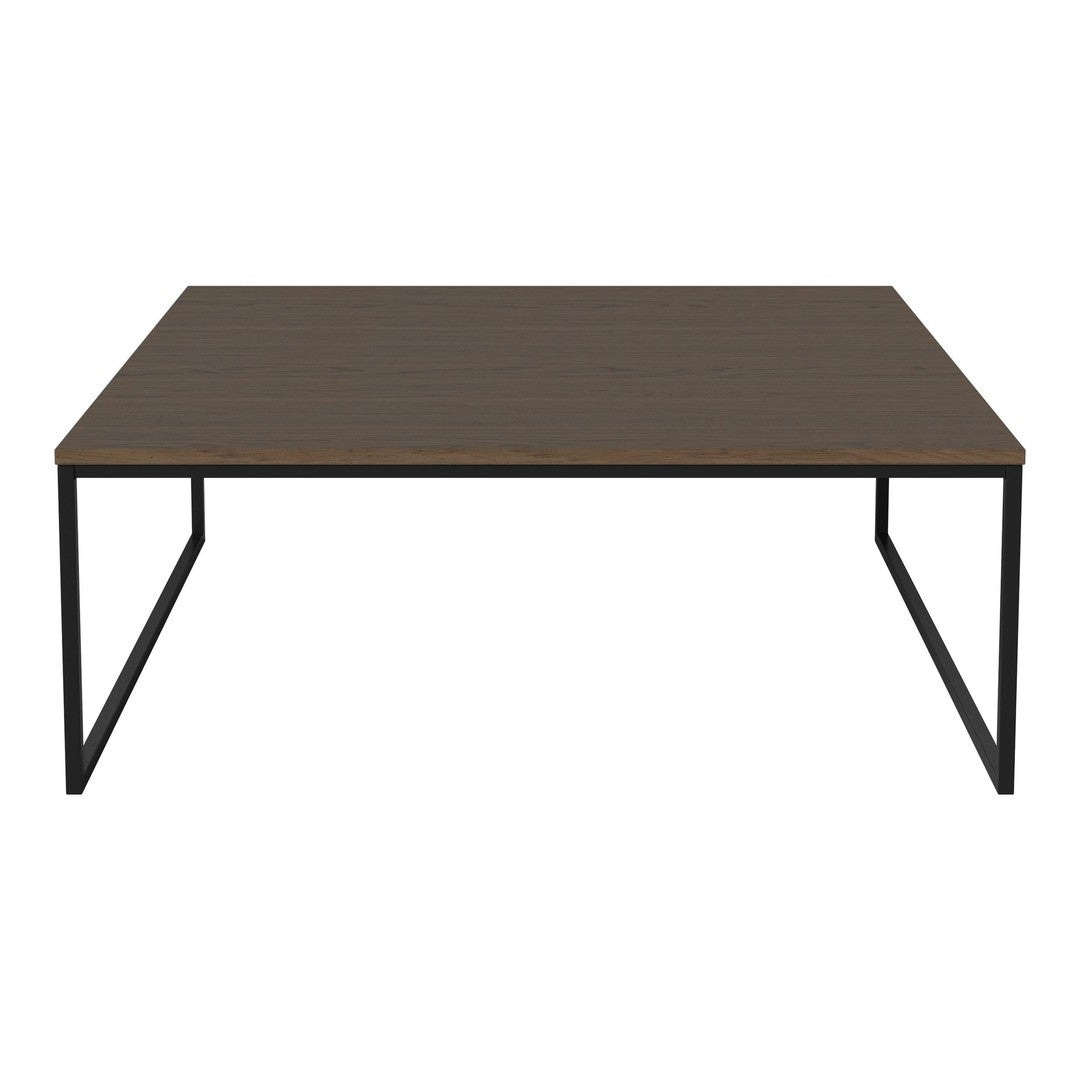 Brown wood tabletop with a sleek black metal frame, featuring clean lines and a modern, minimalist design.