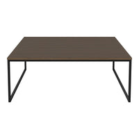 Brown wood tabletop with a sleek black metal frame, featuring clean lines and a modern, minimalist design.