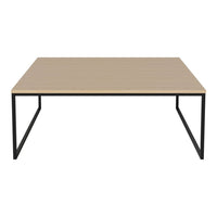 Light wood tabletop with a smooth finish, featuring a sleek black metal frame for a modern, minimalist look.