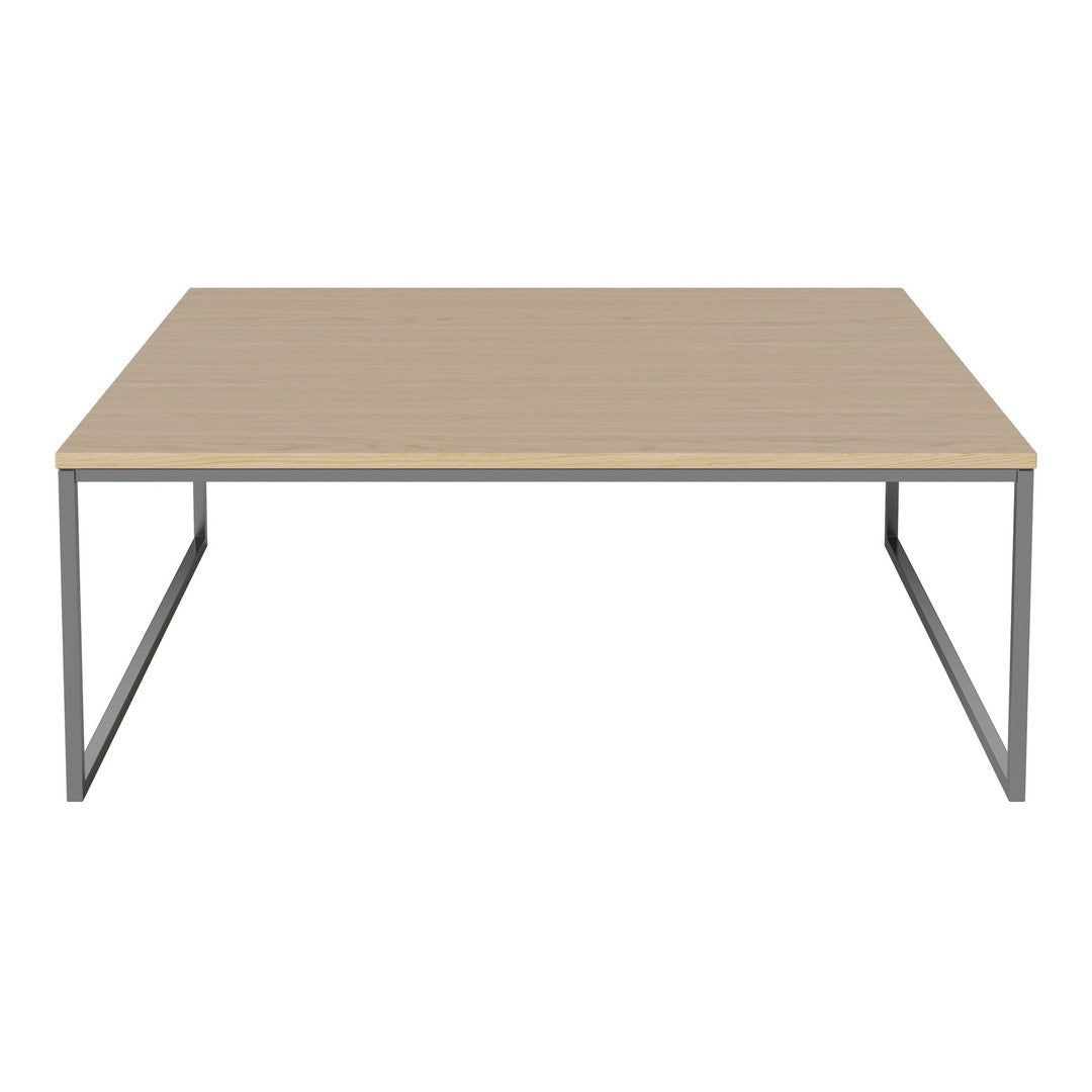 Light wood tabletop with a smooth finish, featuring a minimalist gray metal frame. Modern and versatile design.