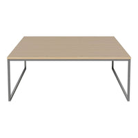 Light wood tabletop with a smooth finish, featuring a minimalist gray metal frame. Modern and versatile design.